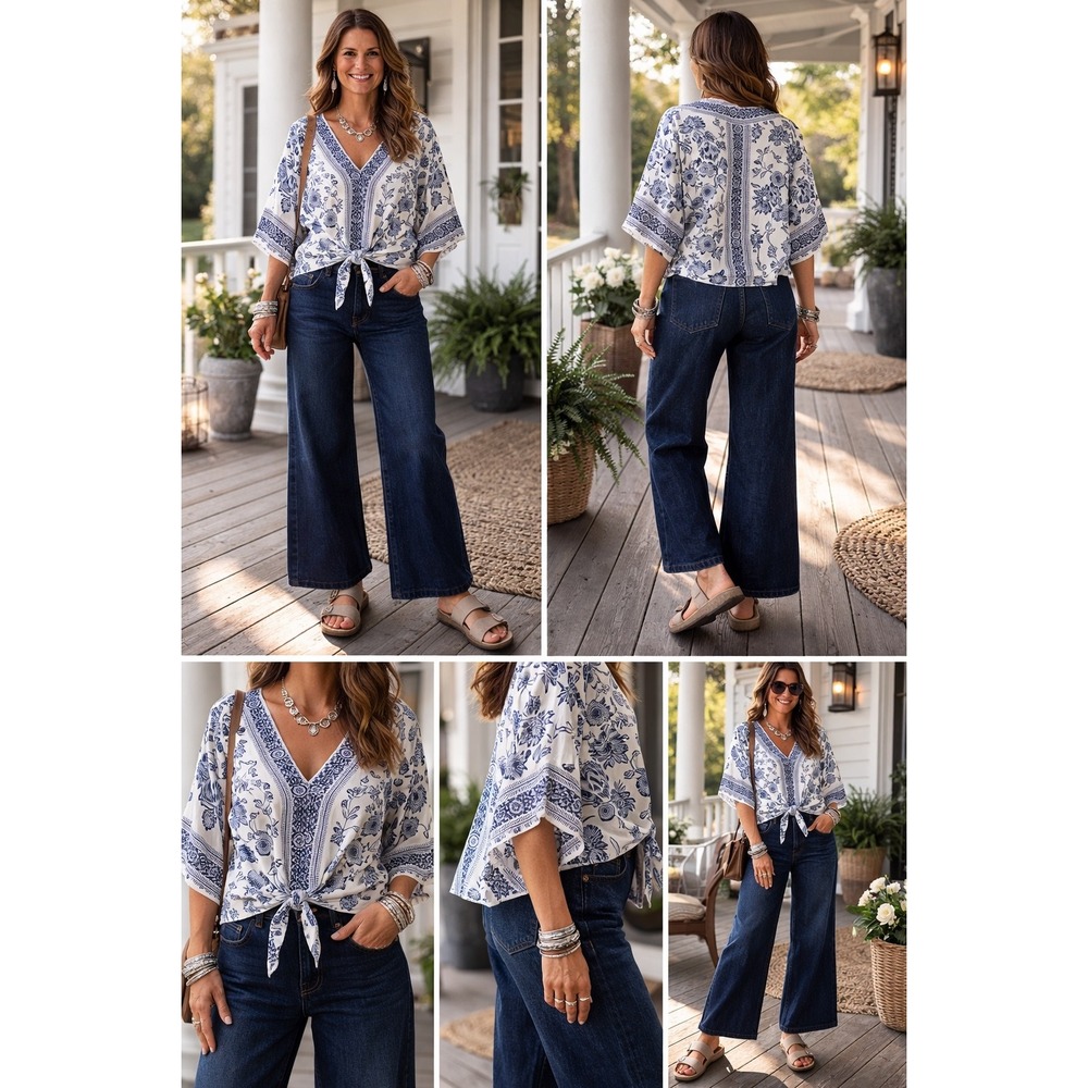 Blue White Floral Boho Chic Tie Front Kimono V-Neck Dolman Sleeve Blouse Medium